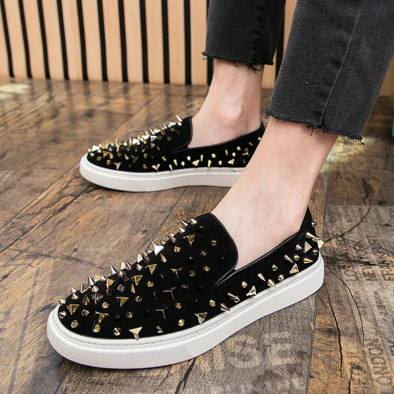 Fashion Men's Gold Charm Rhinestones Rock Punk Casual Shoes Flats Male Homecoming Wedding Dress Footwear Zapatillas Hombre
