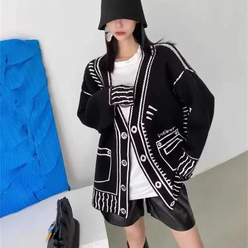 Letter Cardigan Women Knitted Spring 2025 Streetwear Spring Autumn Winter Jumpers Long Outerwear Maxi Y2k Sweater Coat Jacket