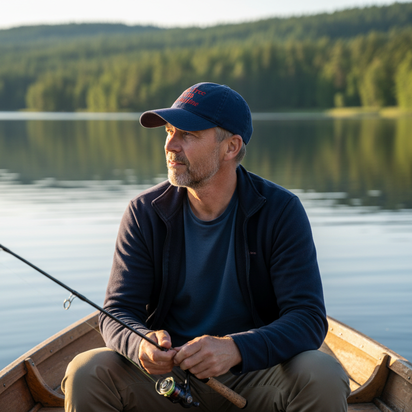 Man fishing on a calm lake with a forest in the background, wearing the Break Free From The Routine embroidered.