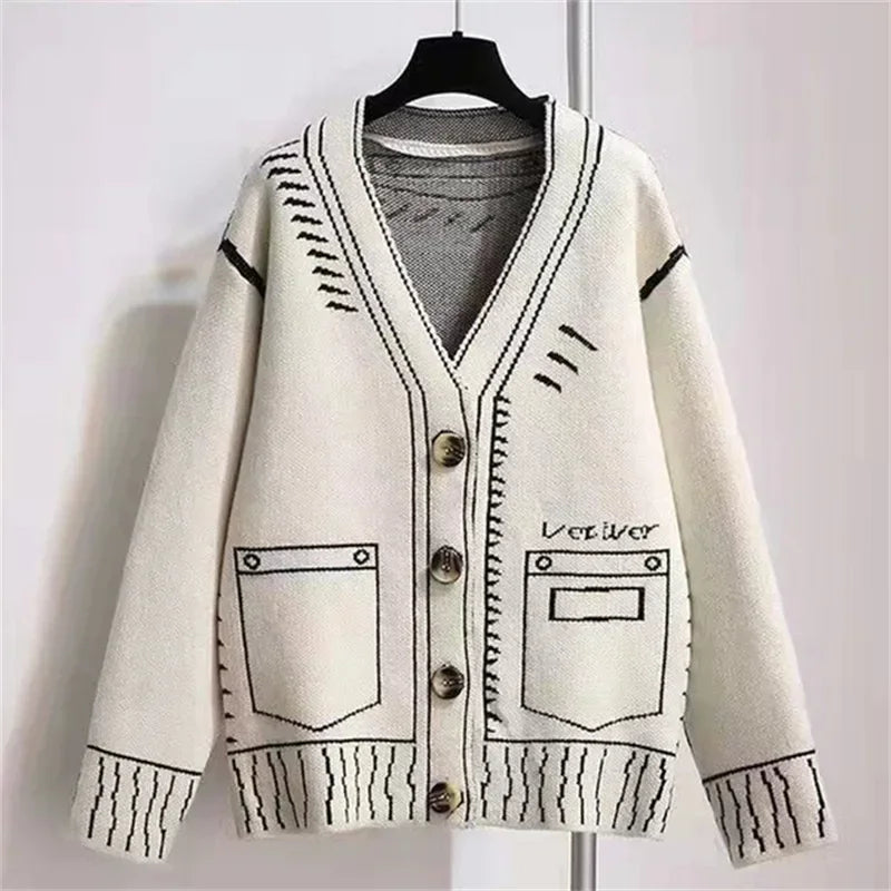 Letter Cardigan Women Knitted Spring 2025 Streetwear Spring Autumn Winter Jumpers Long Outerwear Maxi Y2k Sweater Coat Jacket