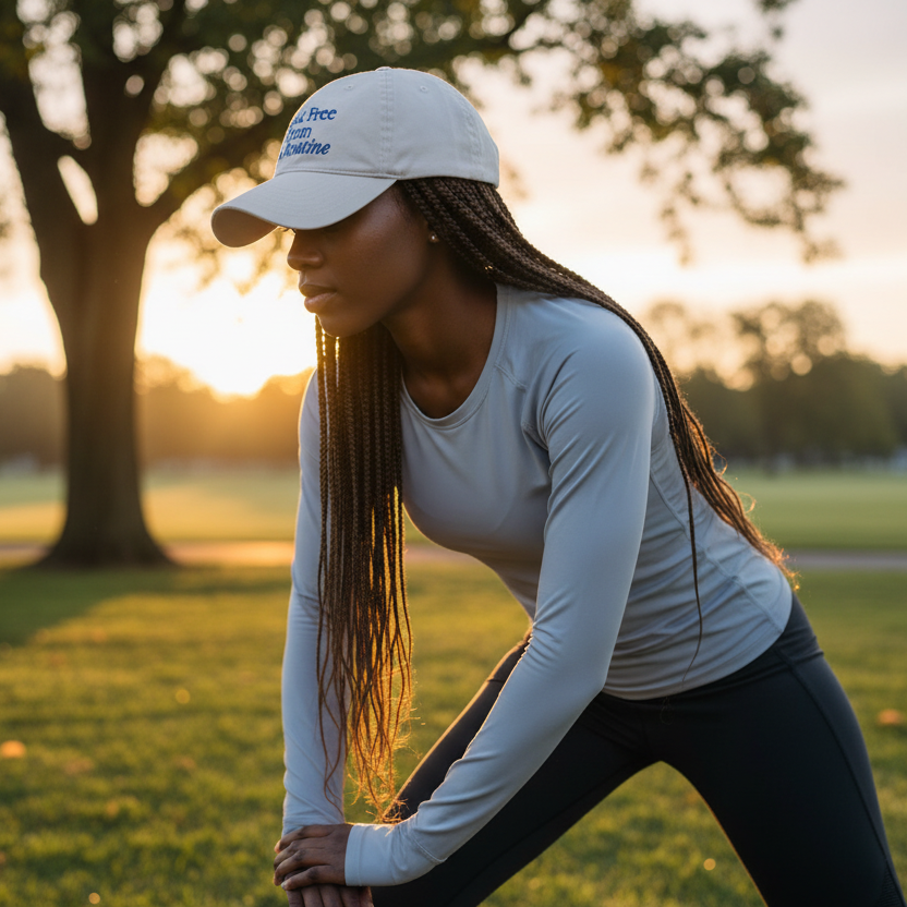 Woman stretching outdoors in a park with a sunset background, wearing a white "Break free from the routine" hat.