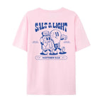 Pink Christian t-shirt with blue "Salt & Light" graphic design and text on a white background.
