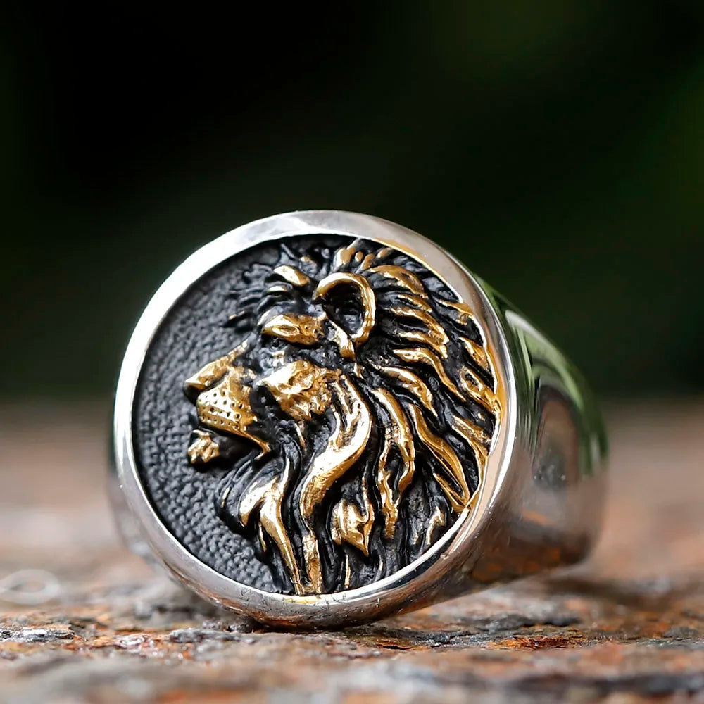 Lion of Judah Signet Ring with gold detailing.