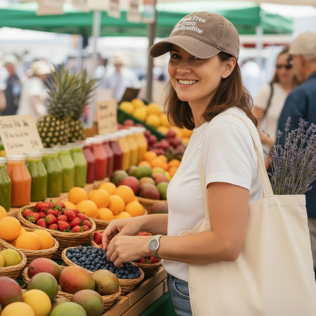 Woman shopping at a farmers market with fresh produce and a reusable bag.