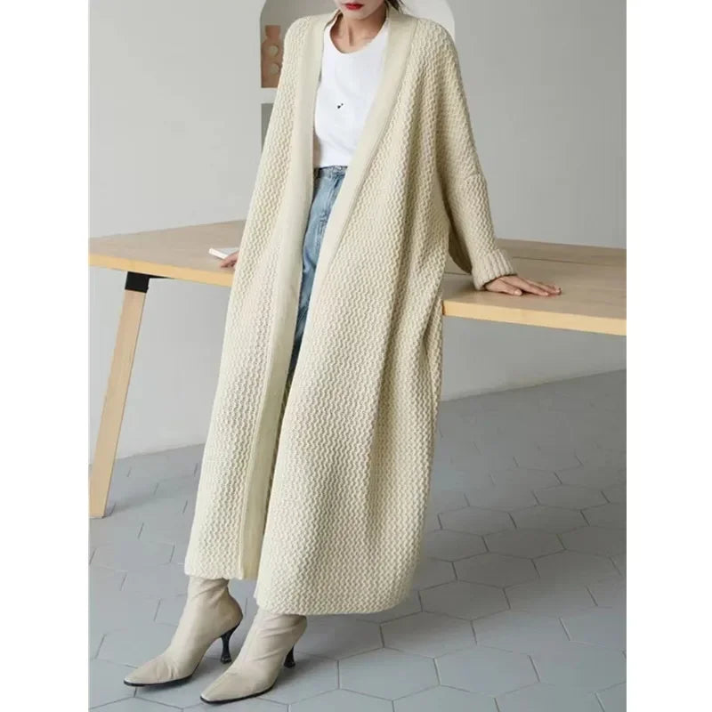 Thicken Loose Long Cardigan Sweater Coat Long Sleeve Warm Knit Outerwear V-Neck Casual Office Jacket For Women Fall Winter