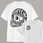 White t-shirt with black graphic design on a gray background