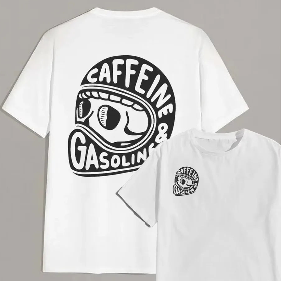 White t-shirt with black graphic design on a gray background