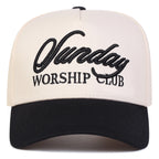 Cap with 'Sunday Worship Club' text on a white background
