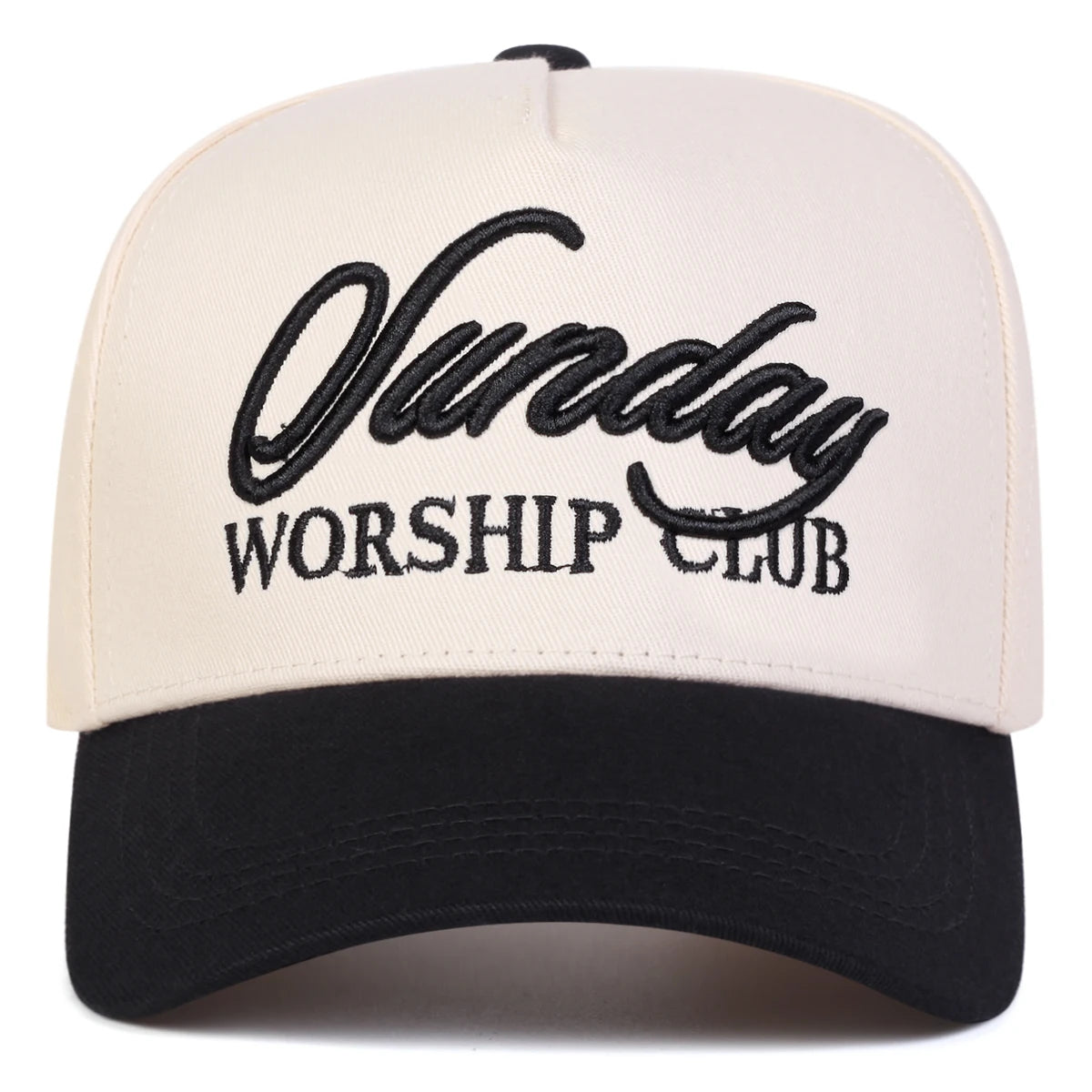 Cap with 'Sunday Worship Club' text on a white background