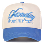 Cap with 'Sunday Worship Club' text on a white background