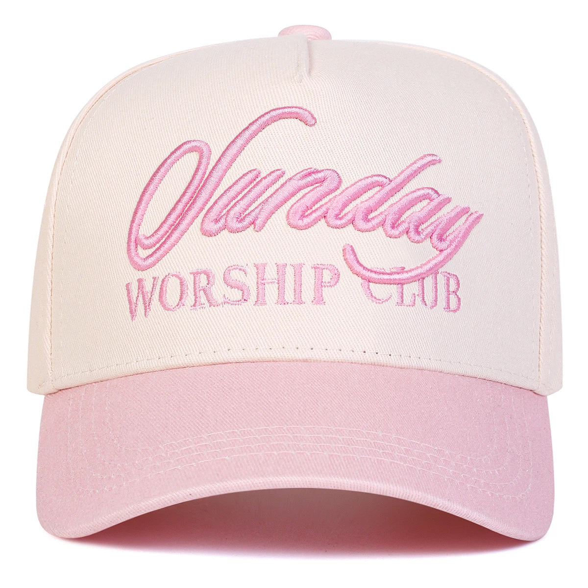 Pink and beige cap with 'Sunday Worship Club' text on a white background