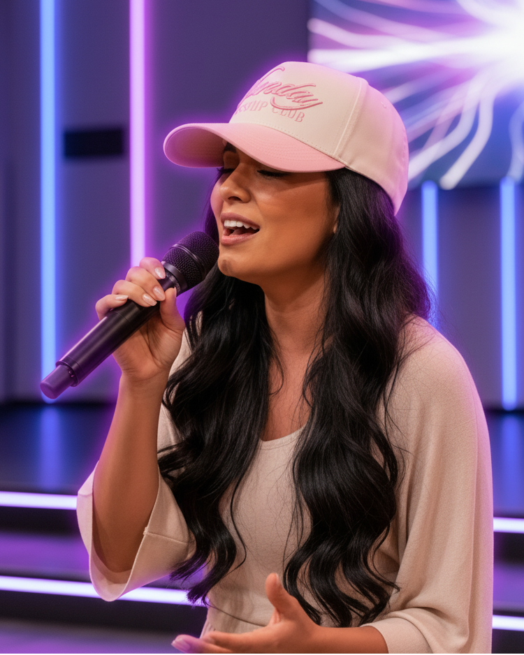 A woman with long wavy black hair wearing a light pink baseball cap and a beige top, holding a black microphone and singing on a stage with purple neon lighting.