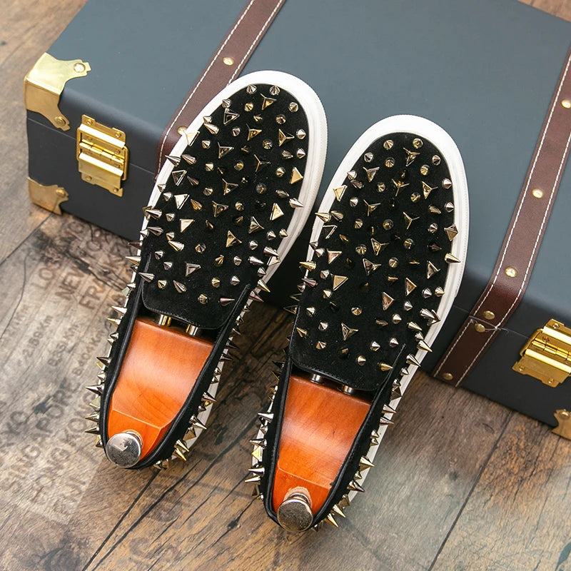 Fashion Men's Gold Charm Rhinestones Rock Punk Casual Shoes Flats Male Homecoming Wedding Dress Footwear Zapatillas Hombre
