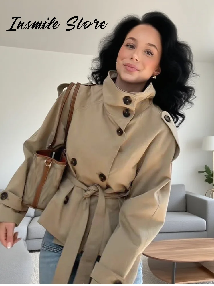 Fashion Belt Short Trench Coat Women Stand Collar Double Breasted Pocket Long Sleeve Coats 2025 Autumn Lady Commute Chic Outwear