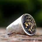 Lion of Judah Signet Ring with gold detailing side view.