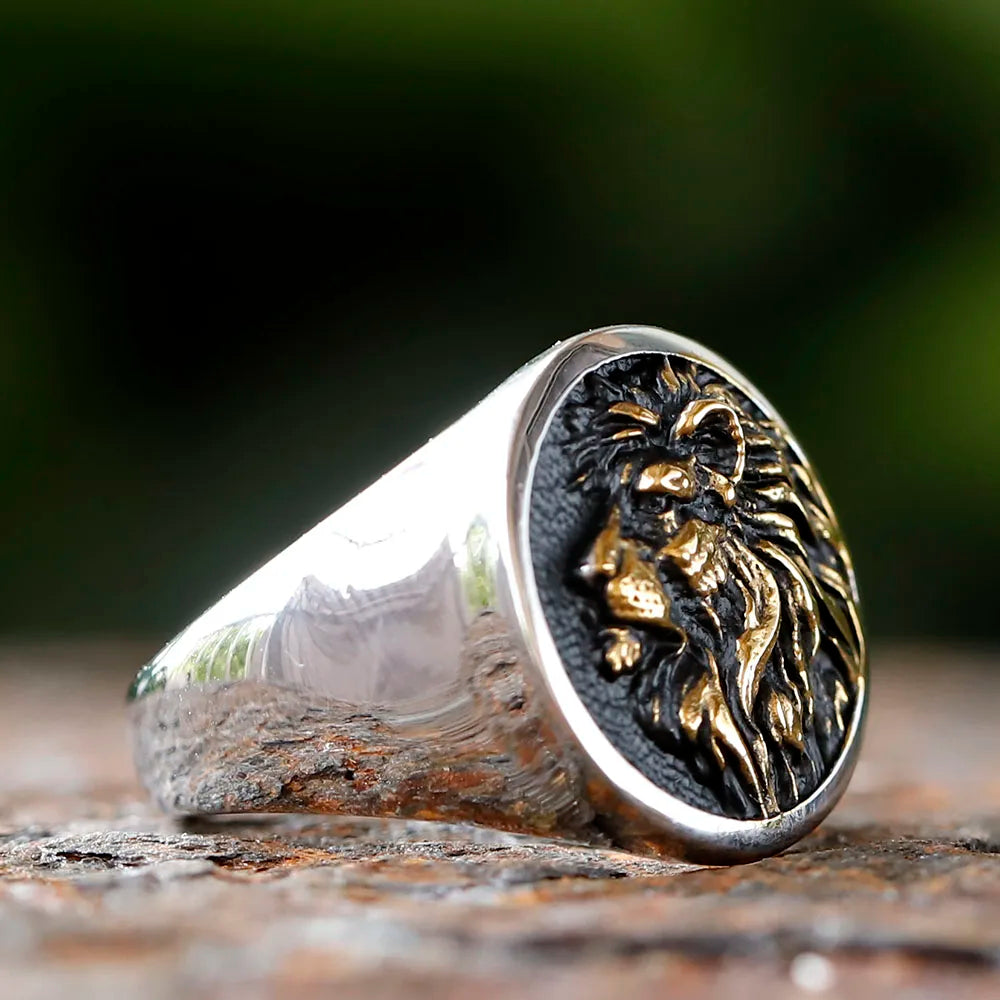 Lion of Judah Signet Ring with gold detailing side view.