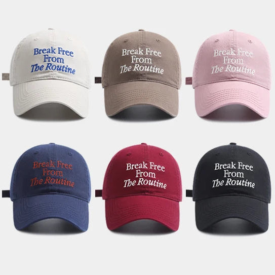 Six baseball caps in different colors with text on a white background.