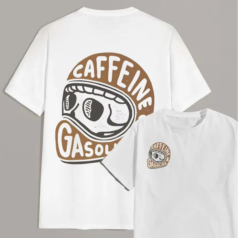 White t-shirt with 'CAFFEINE GASOL' graphic design on a gray background