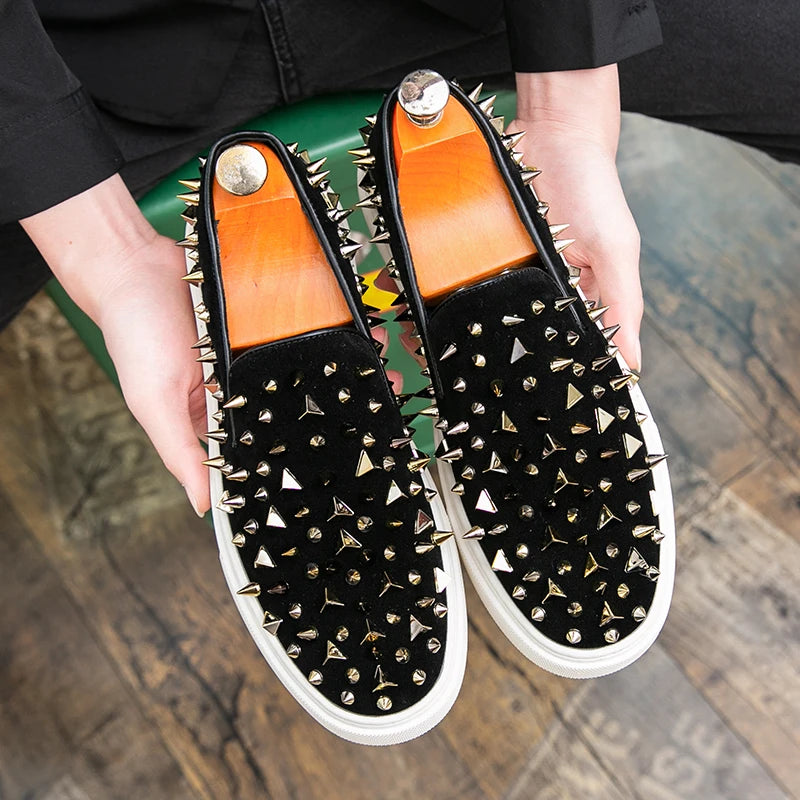 Fashion Men's Gold Charm Rhinestones Rock Punk Casual Shoes Flats Male Homecoming Wedding Dress Footwear Zapatillas Hombre