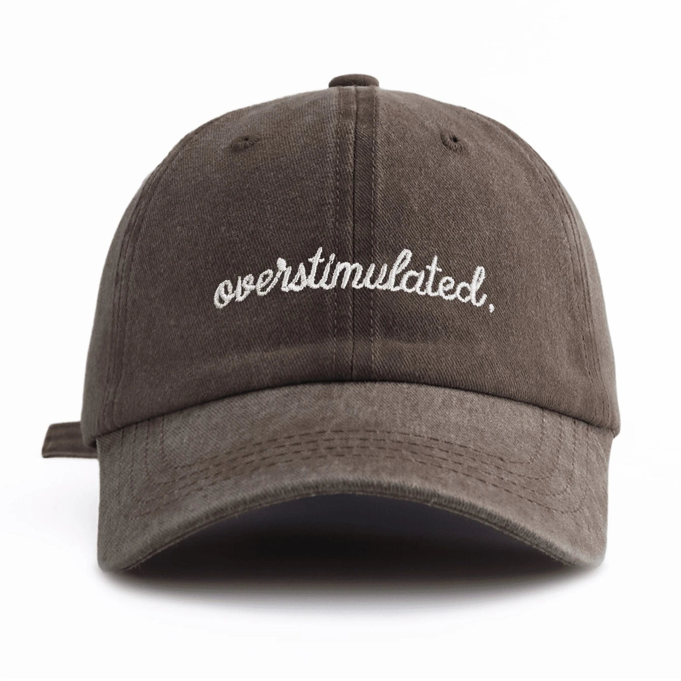 Brown cap with 'overstimulated' text on a white background