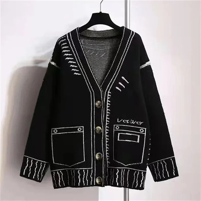 Letter Cardigan Women Knitted Spring 2025 Streetwear Spring Autumn Winter Jumpers Long Outerwear Maxi Y2k Sweater Coat Jacket