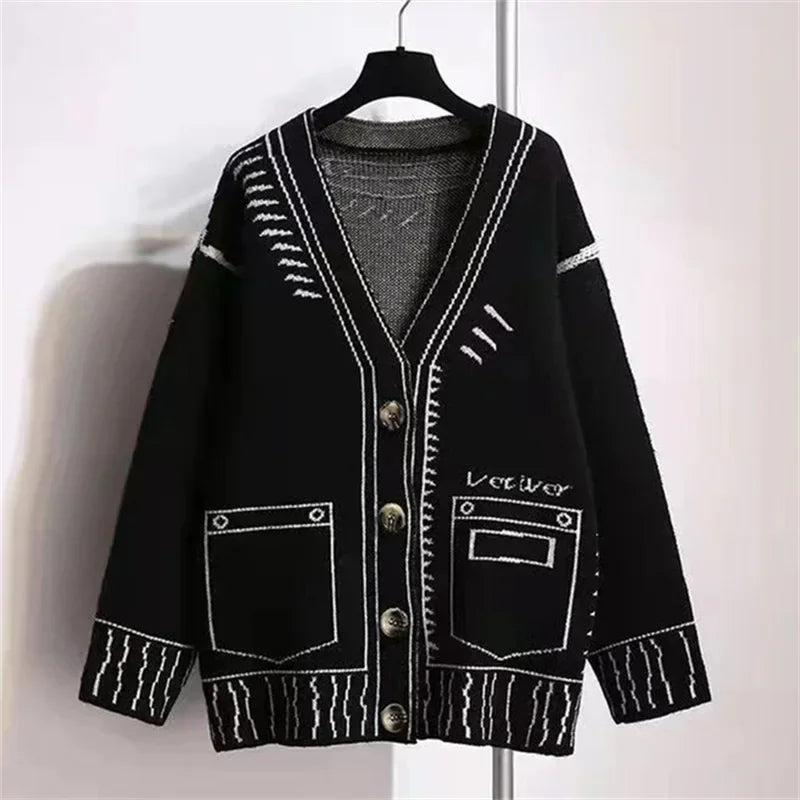 Letter Cardigan Women Knitted Spring 2025 Streetwear Spring Autumn Winter Jumpers Long Outerwear Maxi Y2k Sweater Coat Jacket