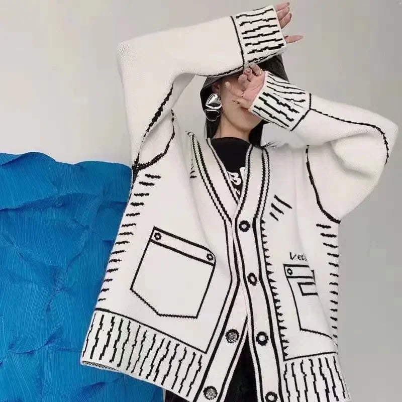 Letter Cardigan Women Knitted Spring 2025 Streetwear Spring Autumn Winter Jumpers Long Outerwear Maxi Y2k Sweater Coat Jacket