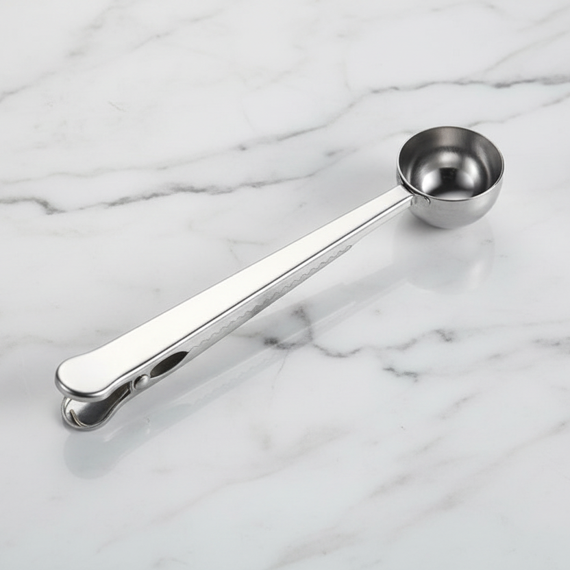 Silver measuring scoop on a marble surface.