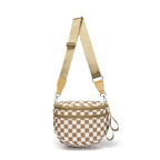 Tan and White Checkered Baye bag with beige strap on a white background