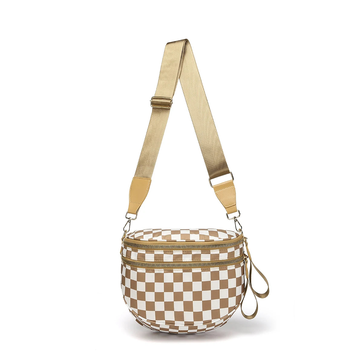 Tan and White Checkered Baye bag with beige strap on a white background