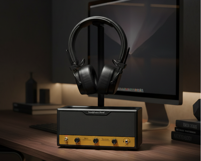 A black and gold audio amplifier with a stand holding black over-ear headphones, set on a wooden desk in a dimly lit home office environment with a computer monitor in the background.