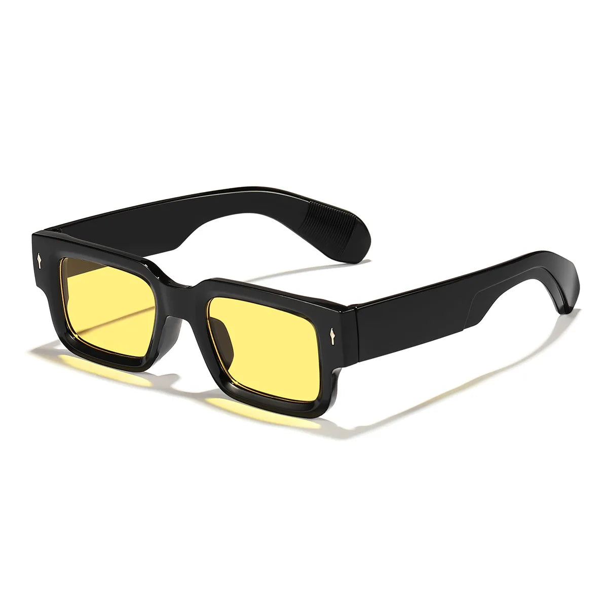 Black sunglasses with yellow lenses on a white background