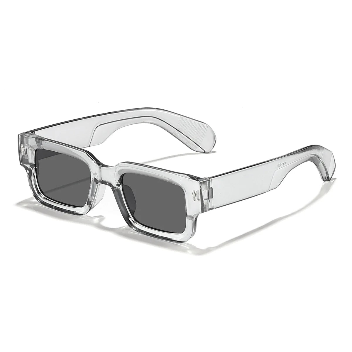 Clear frame sunglasses with dark lenses on a white background