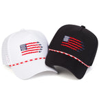Two baseball caps with American flag design on a white background