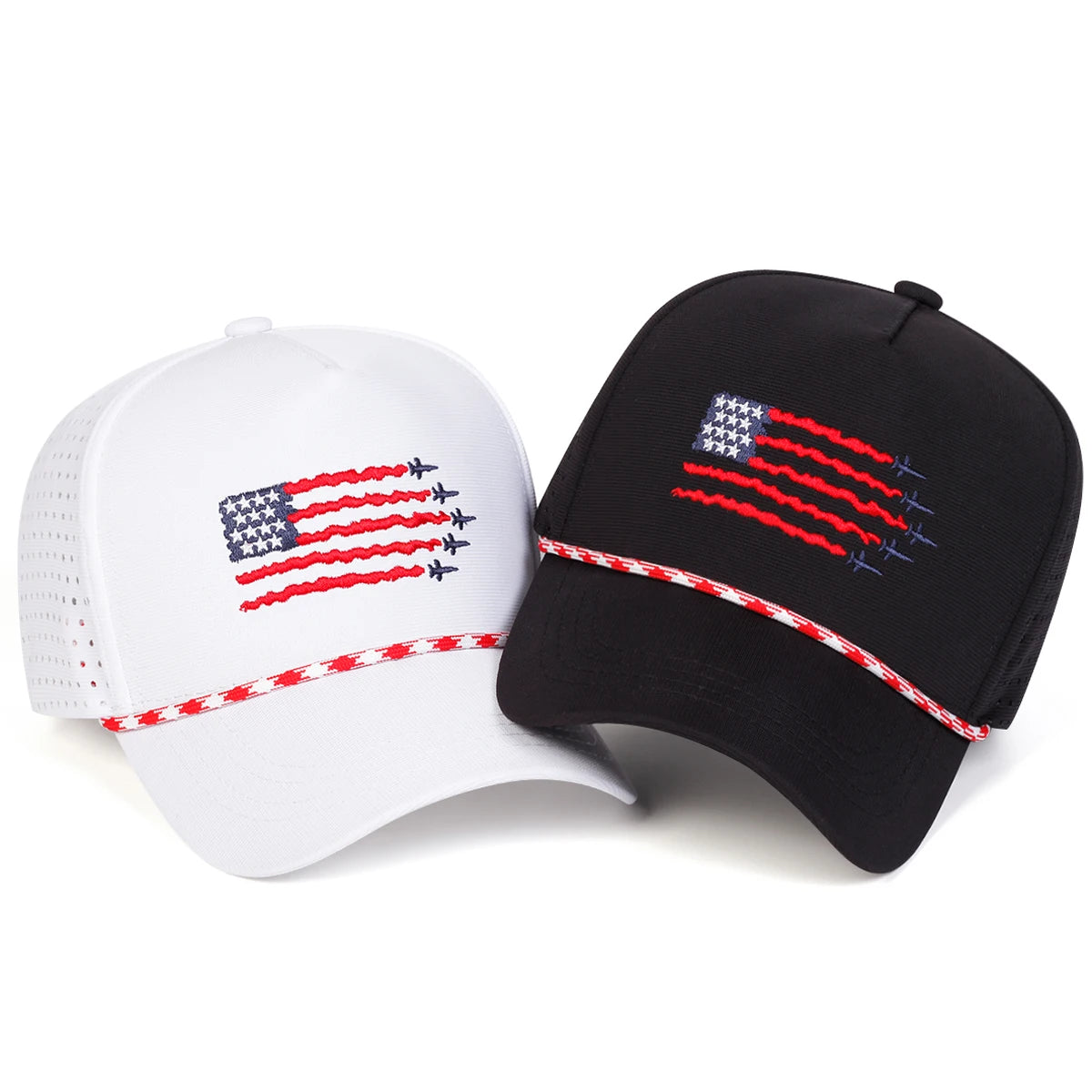 Two baseball caps with American flag design on a white background
