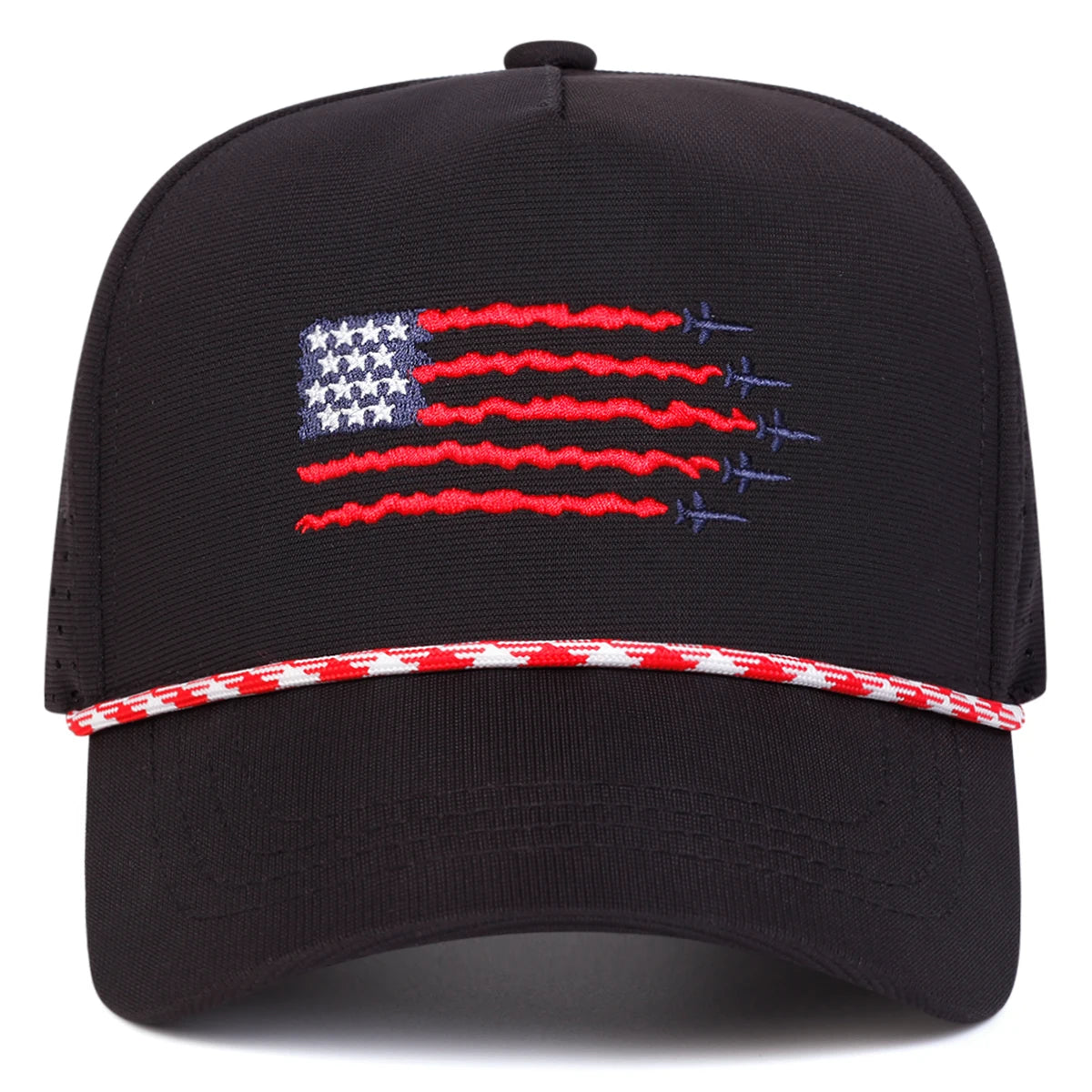 Black cap with American flag design on a white background