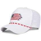White baseball cap with American flag design on a white background