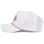 White baseball cap with perforated design and red, white, and blue accents on a white background