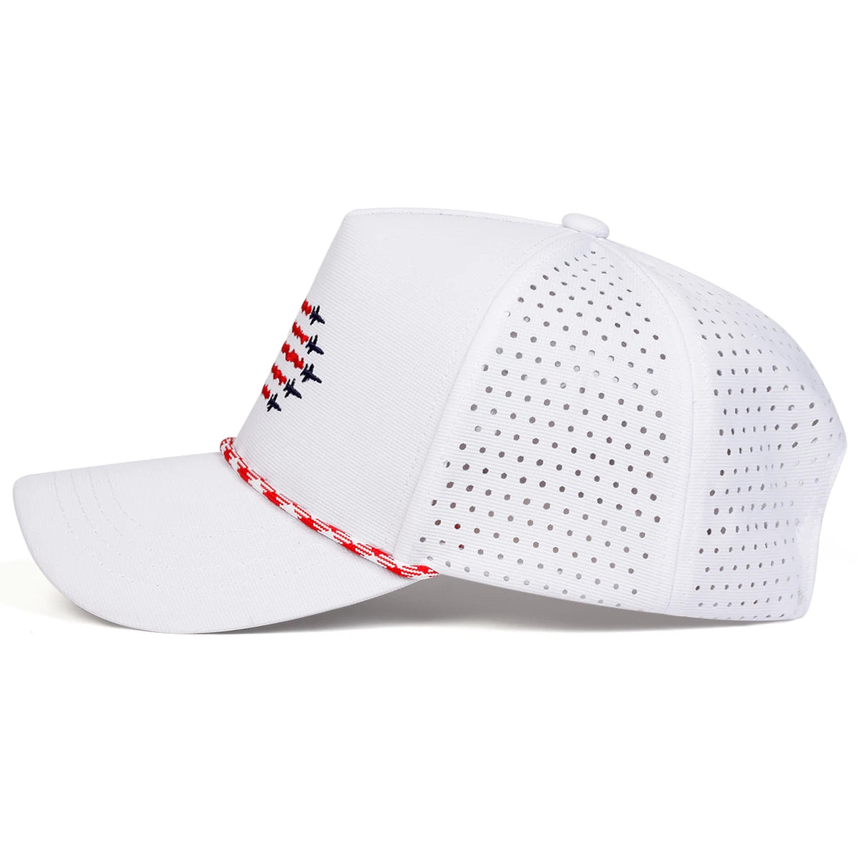 White baseball cap with perforated design and red, white, and blue accents on a white background