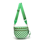 Vibrant green and white checkered Baye bag with a green strap on a white background
