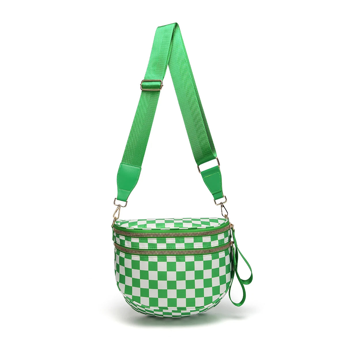 Vibrant green and white checkered Baye bag with a green strap on a white background