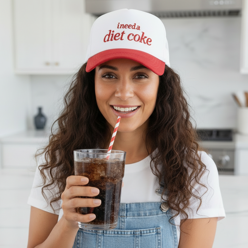 Woman wearing a 'I need a Diet Coke' cap holding a glass of soda in a kitchen.