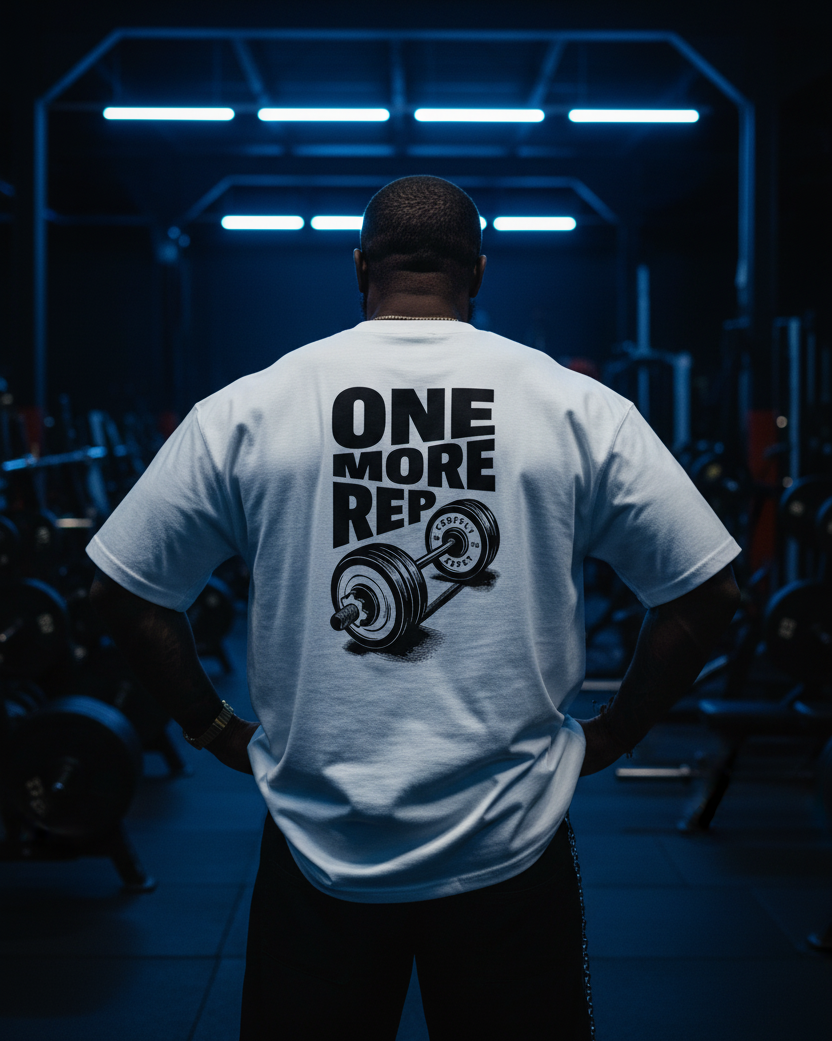 Male model wearing the white One More Rep tshirt in a dimly lit gym with blue glowing led lights.